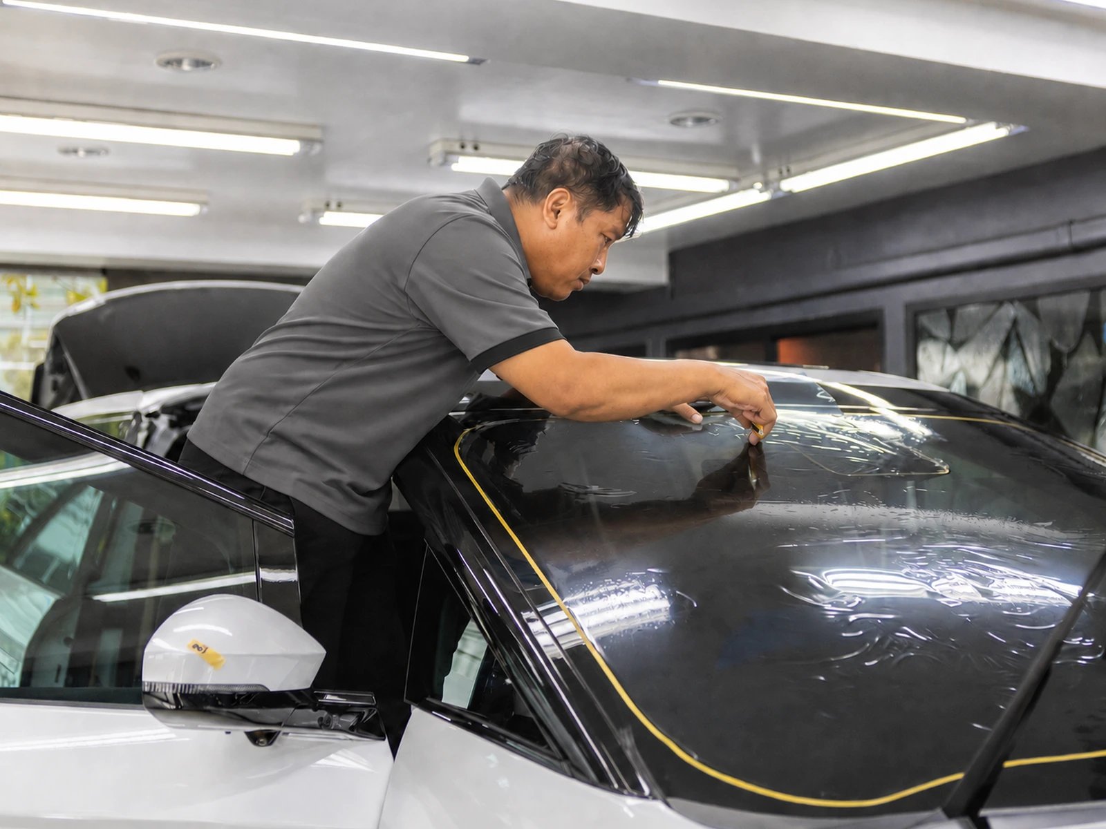 ZEAL technician installing automotive window film at 27Speed